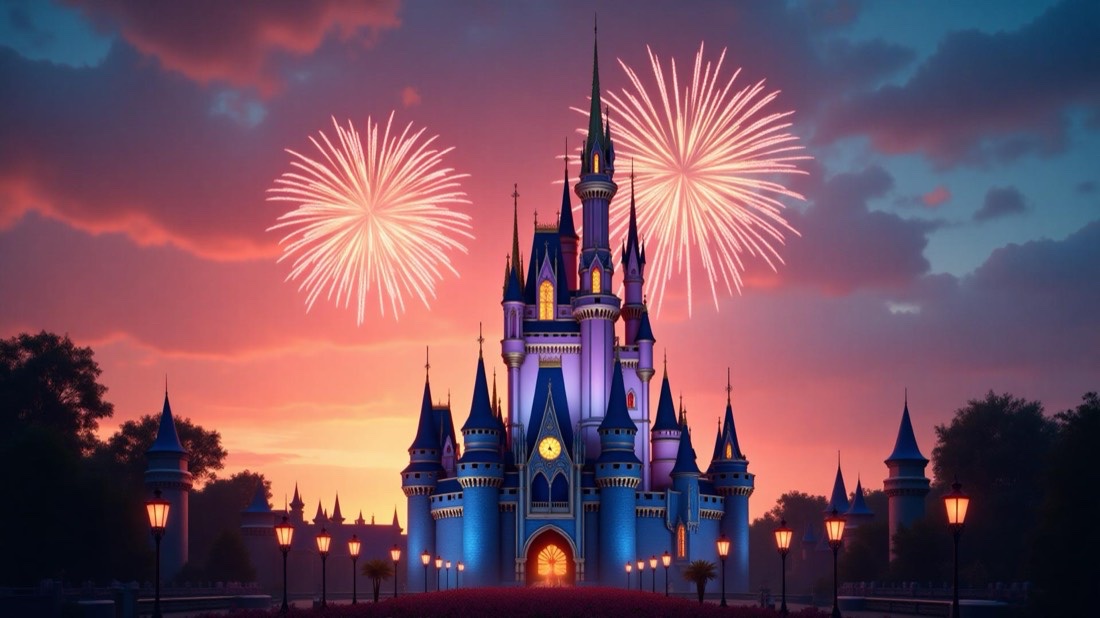 Castle with fireworks at dusk