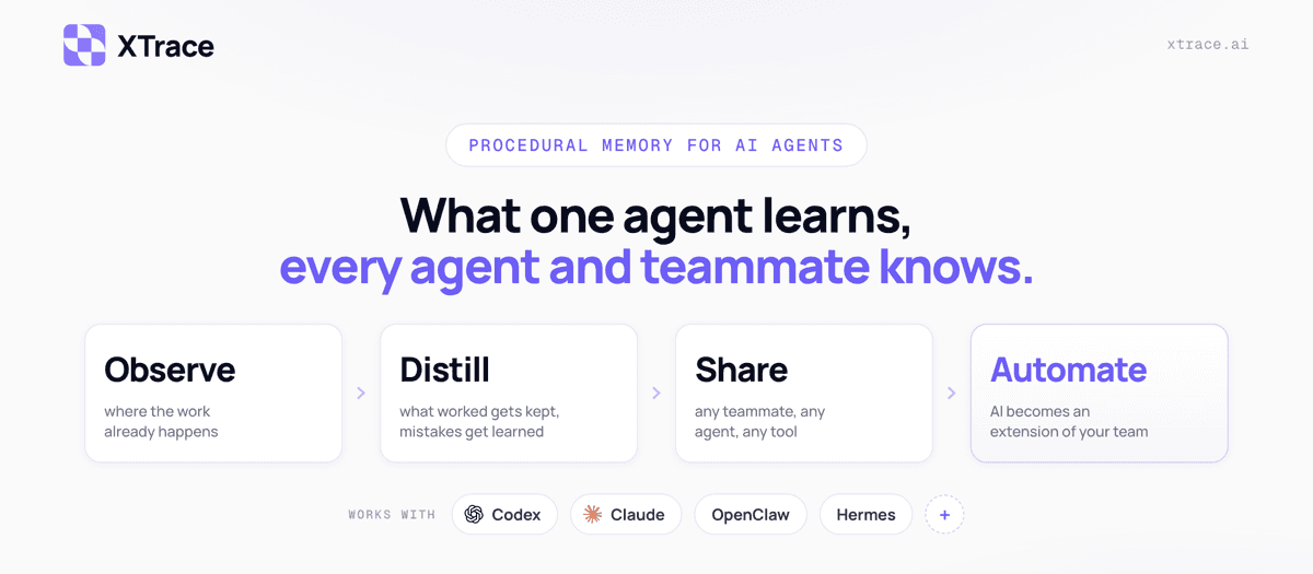 XTrace graphic reading “What one agent learns, every agent and teammate knows” above four steps: Observe, Distill, Share and Automate
